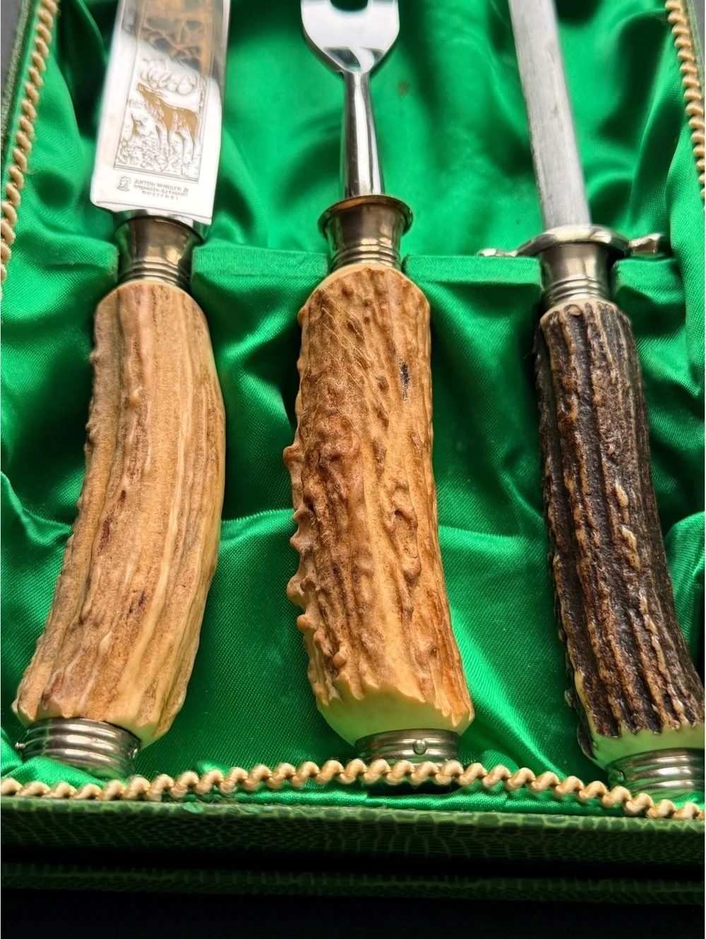 Vintage Anton Wingen Solingen Germany Stag Handle Carving Set Knife Fork Steel